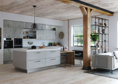 Masterclass Lumina-Light-Grey-with-Mirror-plinth-and-Madoc-Manhattan - Perfect For The Kitchen